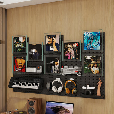 No-Drill Wall Pegboard with DIY Hook & Shelf Set, Black Perforated Storage Panel for Gaming Room & Home Office Organization